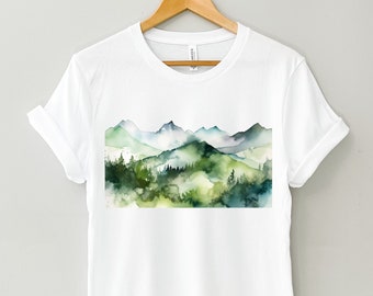 Watercolor Mountain Shirt, Mountains Graphic Tee, Nature Shirt, Watercolor Art, Forest Tee, Outdoors Tshirt, Hiking Shirt, Trees T-shirt