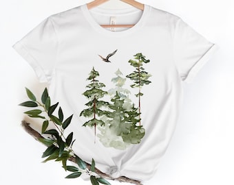 Watercolor Trees Shirt, Forest Graphic Tee, Nature Tshirt, Watercolor Art, Pine Tree, Landscape Shirt, Camping Tee, Bird, Forest Shirt, Gift