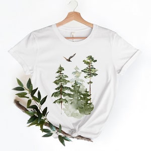 Watercolor Trees Shirt, Forest Graphic Tee, Nature Tshirt, Watercolor Art, Pine Tree, Landscape Shirt, Camping Tee, Bird, Forest Shirt, Gift