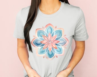 Watercolor Mandala Shirt, Floral Graphic Tee, Pastel Mandala Tshirt, Watercolor Art, Symmetric Shirt, Pretty Flower Tee, Gift for Her, Boho