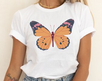 Butterfly Graphic Tee, Orange Butterfly Shirt, Cottagecore Tshirt, Boho Tee, Hippie Shirt, Retro Tshirt, Nature Shirt, Garden Tee, Boho Gift