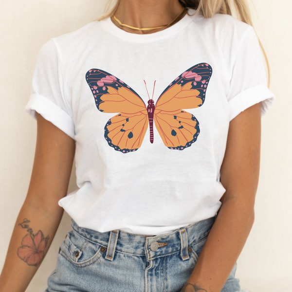 Butterfly Graphic Tee, Orange Butterfly Shirt, Cottagecore Tshirt, Boho Tee, Hippie Shirt, Retro Tshirt, Nature Shirt, Garden Tee, Boho Gift