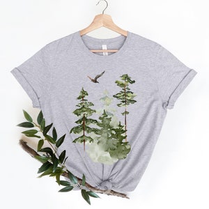 Watercolor Trees Shirt, Forest Graphic Tee, Nature Tshirt, Watercolor Art, Pine Tree, Landscape Shirt, Camping Tee, Bird, Forest Shirt, Gift image 3