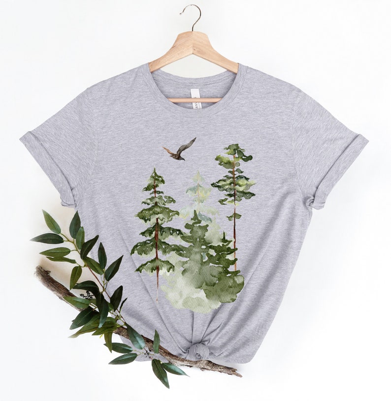 Watercolor Trees Shirt, Forest Graphic Tee, Nature Tshirt, Watercolor Art, Pine Tree, Landscape Shirt, Camping Tee, Bird, Forest Shirt, Gift image 3