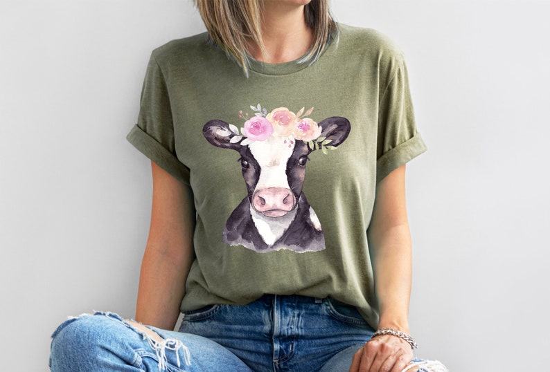 Watercolor Cow Shirt, Cow Graphic Tee, Cute Animal Shirt, Floral Tshirt, Watercolor Graphic Tee, Gift for Her, Cute Women's Tee, Farm Animal bild 3