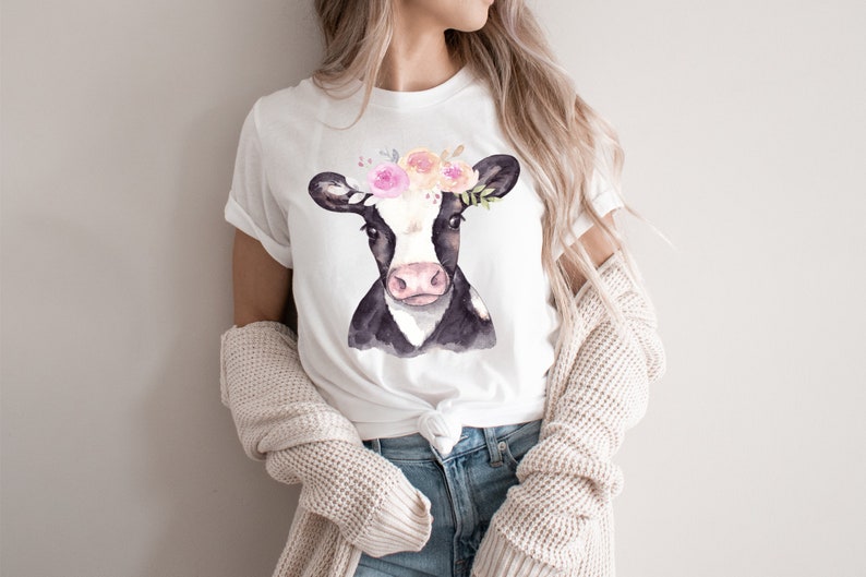 Watercolor Cow Shirt, Cow Graphic Tee, Cute Animal Shirt, Floral Tshirt, Watercolor Graphic Tee, Gift for Her, Cute Women's Tee, Farm Animal bild 2