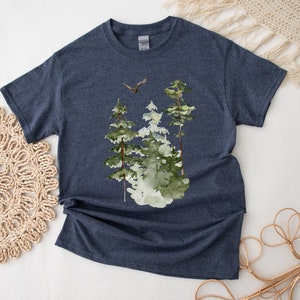 Watercolor Trees Shirt, Forest Graphic Tee, Nature Tshirt, Watercolor Art, Pine Tree, Landscape Shirt, Camping Tee, Bird, Forest Shirt, Gift image 2