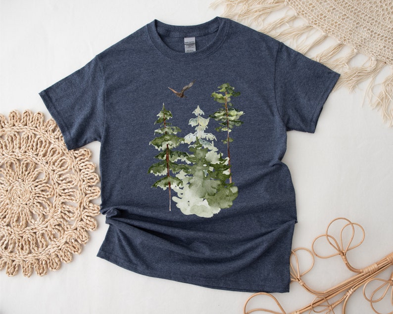 Watercolor Trees Shirt, Forest Graphic Tee, Nature Tshirt, Watercolor Art, Pine Tree, Landscape Shirt, Camping Tee, Bird, Forest Shirt, Gift image 2