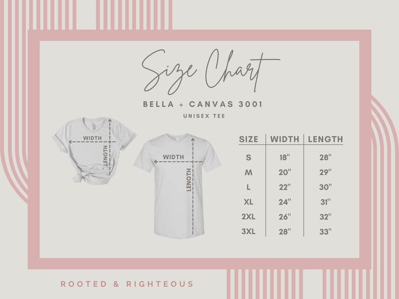 May include: Size chart for Bella + Canvas 3001 unisex tee shirts. The chart shows the width and length in inches for sizes S, M, L, XL, 2XL, and 3XL.