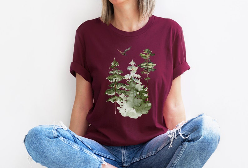 Watercolor Trees Shirt, Forest Graphic Tee, Nature Tshirt, Watercolor Art, Pine Tree, Landscape Shirt, Camping Tee, Bird, Forest Shirt, Gift image 5