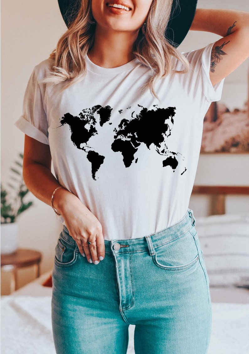 World Map T Shirt Map Graphic Tee World Tshirt Minimalist Etsy
