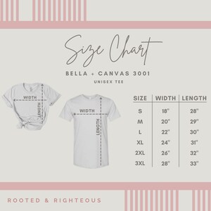 May include: Size chart for Bella + Canvas 3001 unisex tee shirts. The chart shows the width and length measurements in inches for sizes S, M, L, XL, 2XL, and 3XL.