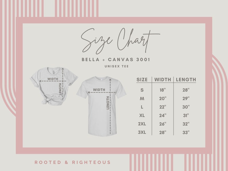 May include: Size chart for Bella + Canvas 3001 unisex tee shirts. The chart shows the width and length measurements in inches for sizes S, M, L, XL, 2XL, and 3XL.