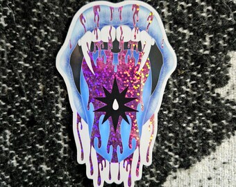Halloween large 10 x 6cm glittery glossy vampire fangs sticker