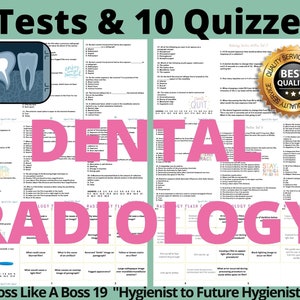 Op de afbeelding: Een roze en witte afbeelding met de tekst "Dental Radiology" en de woorden "4 Tests & 10 Quizzes" bovenaan. De afbeelding bevat ook de tekst "Floss Like A Boss 19 "Hygienist to Future Hygienist"".