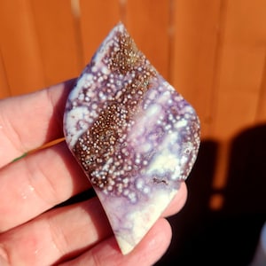 May include: A polished, teardrop-shaped stone with a unique pattern. The stone features a mix of colors, including white, purple, and brown, with a speckled texture. The stone is held in a hand, showcasing its natural beauty and intricate design.