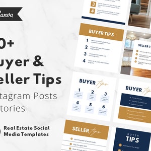 48 Buyer & Seller Real Estate Tips Instagram Posts + Stories Templates for Real Estate Agents | Real Estate Marketing | Social Media Realtor