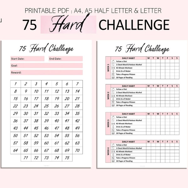 75 Hard Challenge Tracker - 75 Day Challenge Printable - Weight Loss Printable - Lifestyle Challenge ( PDF, A4, A5, Letter, Half Letter )