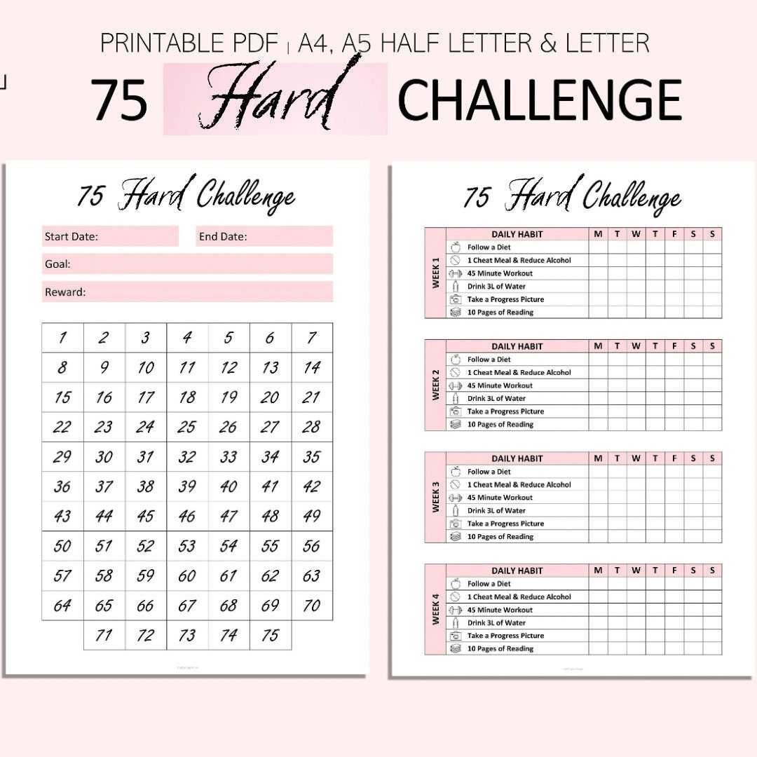75 Hard Challenge Tracker 75 Day Challenge Printable Weight Loss 75 Hard Challenge Tracker 75 Day Challenge Printable Weight Loss