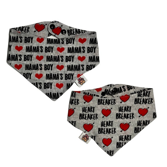 Mama’s Boy / Heart Breaker Reversible Bandana,  Snap On Handmade Dog Bandana