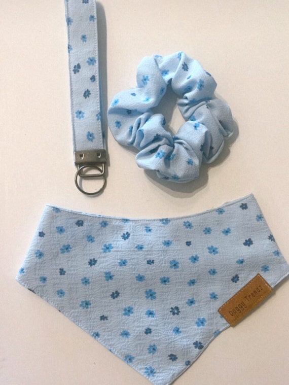 Spring Floral Blue Bandana,  Snap On Handmade Dog Bandanas, Matching Bandana Set, Scrunchie and Wristlet Keychain