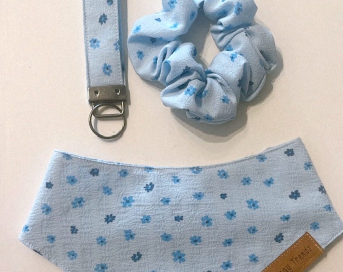 Featured listing image: Spring Floral Blue Bandana,  Snap On Handmade Dog Bandanas, Matching Bandana Set, Scrunchie and Wristlet Keychain