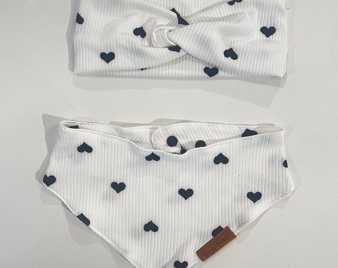 Featured listing image: Black and White Heart Ribbed Knit Bandana,  Snap On Handmade Dog Bandanas, Matching Bandana Set, Headband, Matching Headband Set