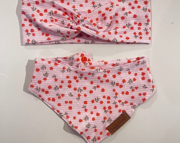 Featured listing image: Pink Floral Ribbed Knit Bandana,  Snap On Handmade Dog Bandanas, Matching Bandana Set, Headband, Matching Headband Set