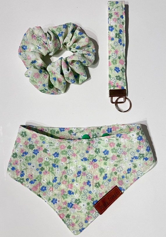 Spring Floral Green Bandana,  Snap On Handmade Dog Bandanas, Matching Bandana Set, Scrunchie and Wristlet Keychain