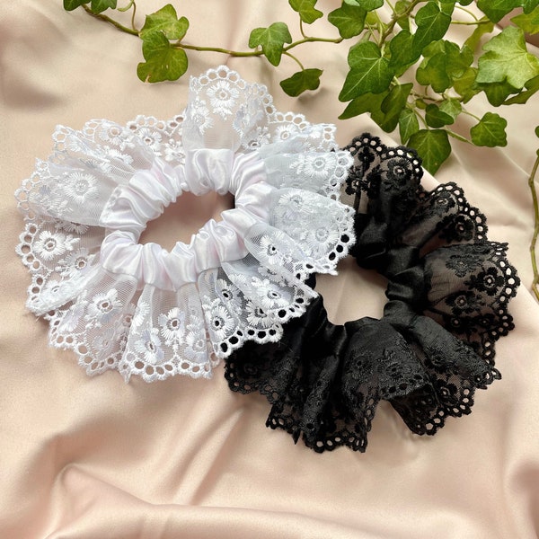 Lace and satin oversized scrunchie in Black or White