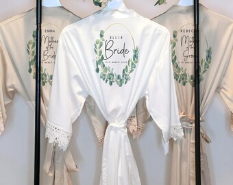 Personalised Bridesmaid Robes and Pyjamas with Gold and Eucalyptus, Mother of the Bride Dressing Gown