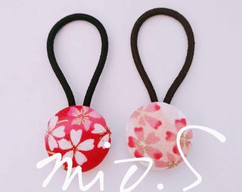 Sakura Hair Ties: Set of 2 Japanese Floral Cotton Kurumi Buttons