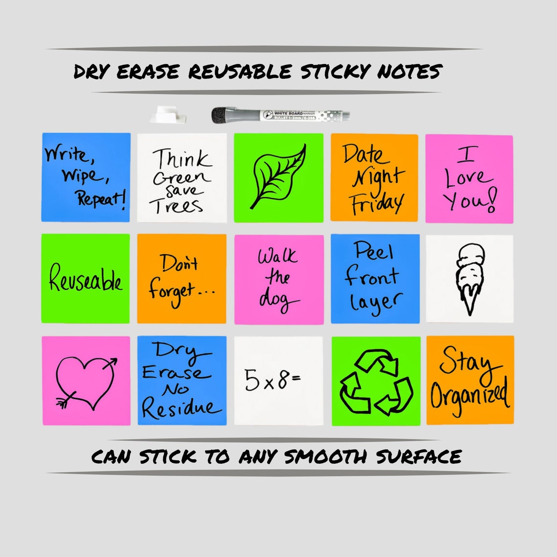 30 Pack Dry Erase Sticky Notes 4x4 Reusable Washable Etsy