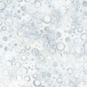 May include: Abstract pattern featuring a multitude of overlapping circles in varying sizes. The circles are primarily white and gray, creating a textured, watercolor-like effect. The design has a soft, ethereal quality, suitable for fabric or wallpaper.