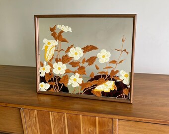 1970s retro floral and butterfly etched hanging mirror with wood trim