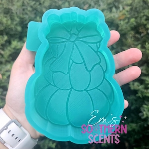 Può includere: Uno stampo in silicone color verde acqua con un design a zucche impilate sormontato da un fiocco decorativo. Lo stampo presenta un bordo rialzato liscio e una superficie interna testurizzata. Il testo "Em's SOUTHERN SCENTS" è stampato in bianco e rosa.