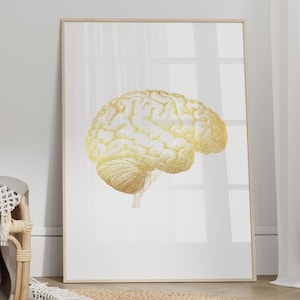 Gold Foil Brain Poster No2 - Brain Wall Art, Human Brain Print, Medical Wall Decor, Gold Human Anatomy Art - FRAME and CANVAS OPTIONS