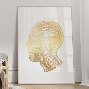 Gold Foil Brain Poster - Brain Wall Art, Human Brain Print, Medical Wall Decor, Gold Human Anatomy Art - FRAME and CANVAS OPTIONS