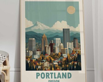 May include: A framed Portland, Oregon art print with a vintage illustration of the city skyline, mountains, and sun. The print is displayed next to a woven chair and a round jute rug.