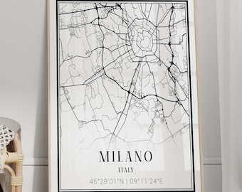 Impresión del mapa de Milán: póster minimalista de viaje a Italia, opciones de marco y lienzo
