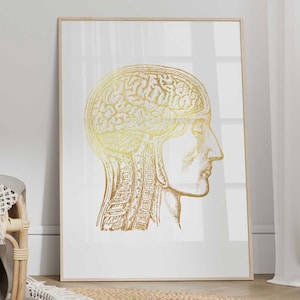 Gold Foil Brain Poster No3 - Brain Wall Art, Human Brain Print, Medical Wall Decor, Gold Human Anatomy Art - FRAME and CANVAS OPTIONS