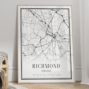 Richmond City Map Poster - Richmond Wall Art, Richmond Print, Virginia Travel Poster, Minimalist Map Wall Decor - FRAME and CANVAS OPTIONS