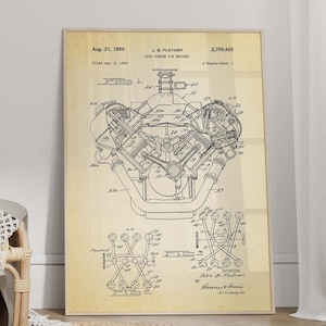 May include: A framed patent print featuring a technical black line drawing of an internal combustion engine on a beige background. The text at the top reads Aug 21, 1934, J. O. FLETCHER, 2,169,863, and includes detailed mechanical diagrams and labels.