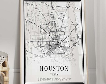 Carte de la ville de Houston - Affiche touristique du Texas, impression d'art de qualité archivistique