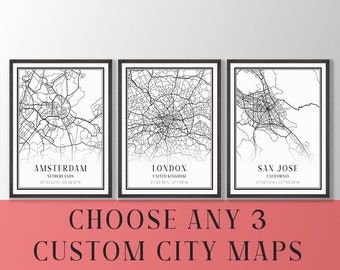 Personalized City Map Print Set of 3 - Custom Location Wall Art