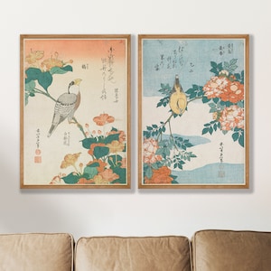 Japanese Bird Woodblock Print Set of 2: Vintage Botanical Gallery Wall Art