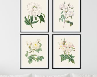 Redoute White Flower Prints Set: Vintage Botanical Art