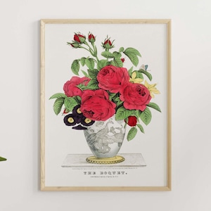 Póster de rosa vintage: arte de pared con flores, arte botánico de rosas en lienzo, decoración de pared de granja, decoración de sala de estar: LIENZO Y MARCO