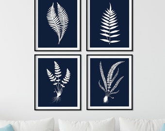 Juego de 4 láminas con estampados de helechos azul marino - Arte botánico en acuarela