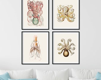 Octopus Art Prints Set van 4: vintage nautisch kustdecor